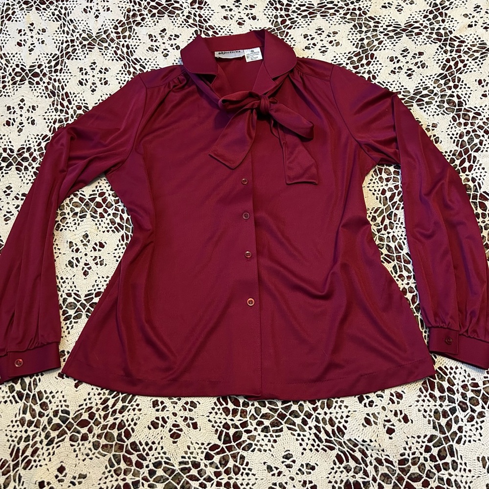 Women's Vintage 70’s Burgundy Blouse with Bow Detail